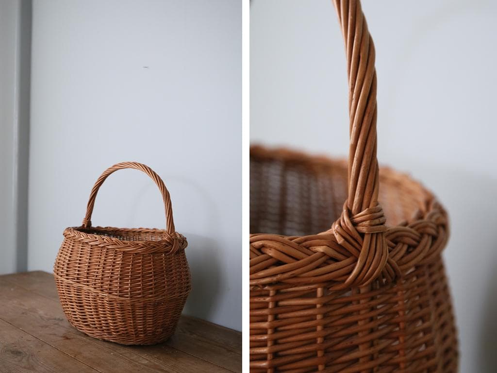 フランスアンティークラタン製バスケット/パニエ/アラログカゴ籐籠(86-15)