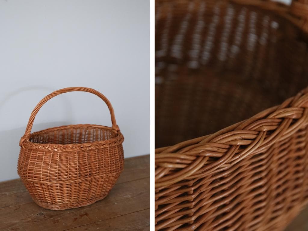 フランスアンティークラタン製バスケット/パニエ/アラログカゴ籐籠(86-15)