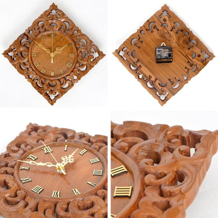 訳あり アジアン雑貨 アジアン掛時計 木製 手彫り チークウッド アラベスク