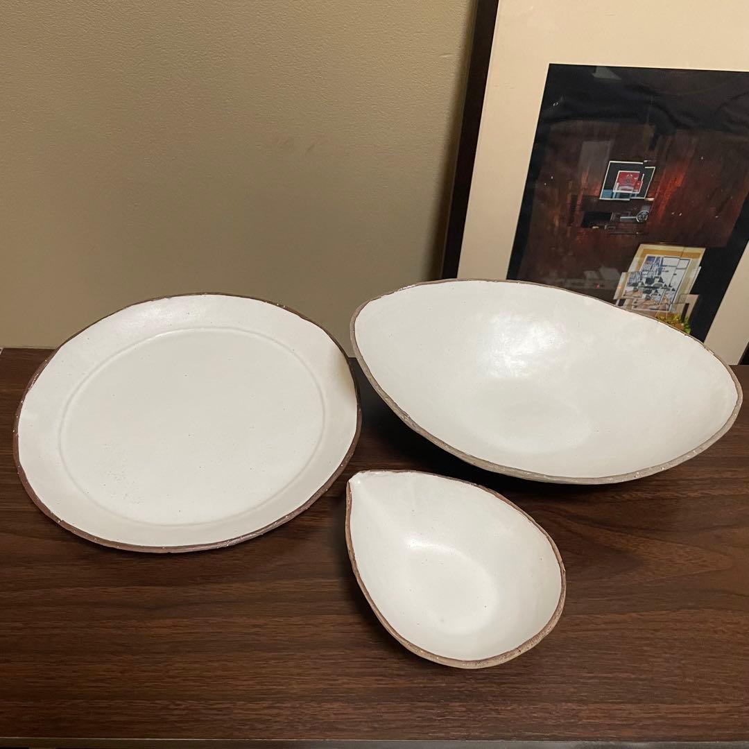 作家 陶工房SORA 土田空 リム皿 舟形鉢 小鉢 白釉 焼きしめ 新品未使用