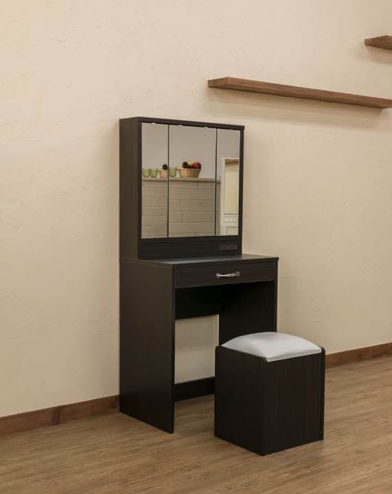 スツール付き3面鏡ドレッサー ホワイト ダークブラウン