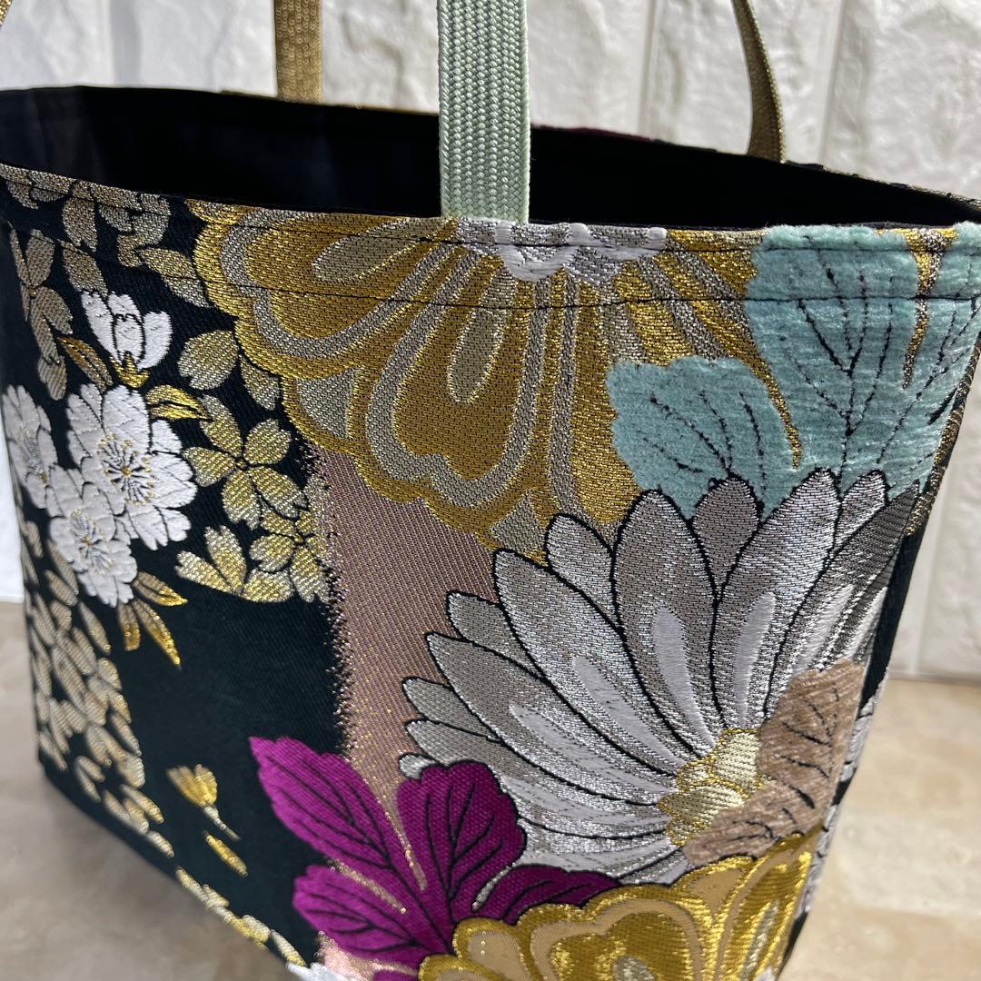 b帯リメイクバッグ 高級正絹✰︎都・もーる✰︎黒地に菊と桜 市松文様 唐織 振袖帯