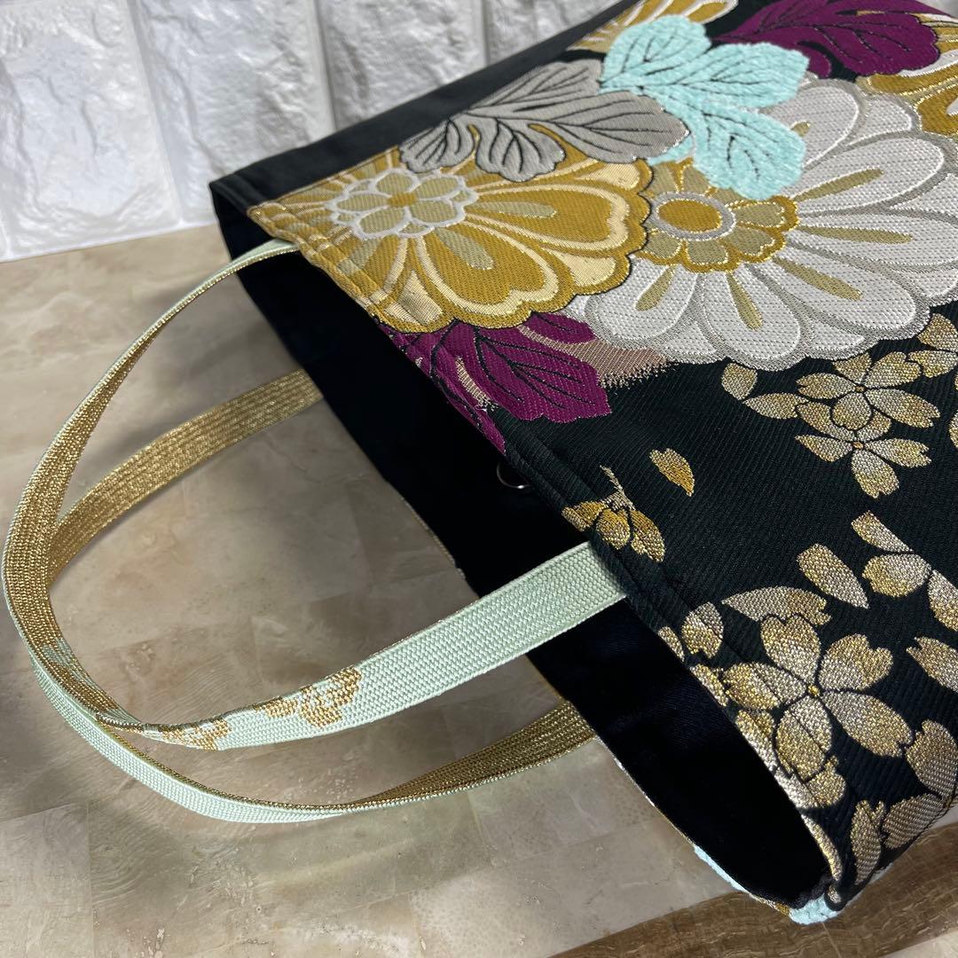 b帯リメイクバッグ 高級正絹✰︎都・もーる✰︎黒地に菊と桜 市松文様 唐織 振袖帯