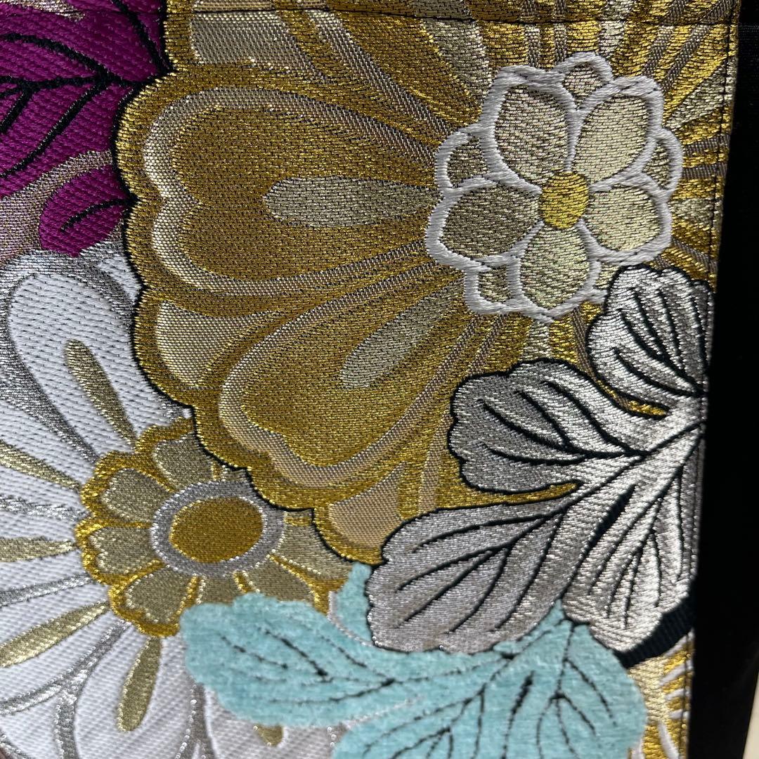 b帯リメイクバッグ 高級正絹✰︎都・もーる✰︎黒地に菊と桜 市松文様 唐織 振袖帯