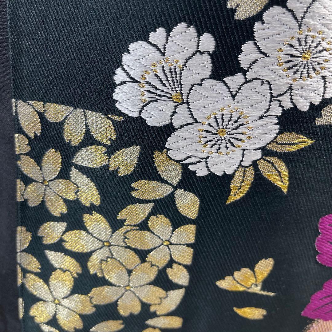 b帯リメイクバッグ 高級正絹✰︎都・もーる✰︎黒地に菊と桜 市松文様 唐織 振袖帯