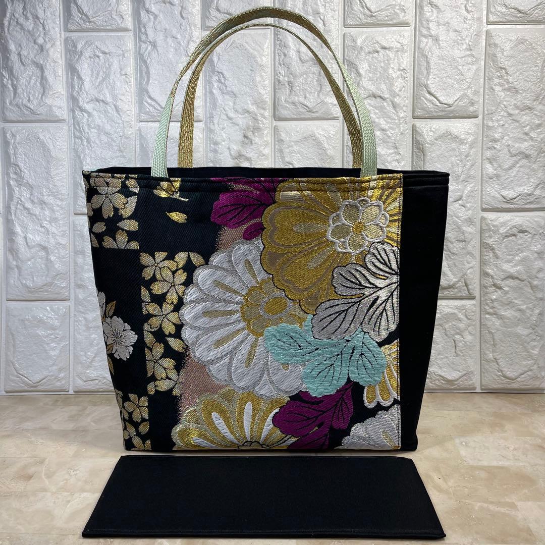 b帯リメイクバッグ 高級正絹✰︎都・もーる✰︎黒地に菊と桜 市松文様 唐織 振袖帯