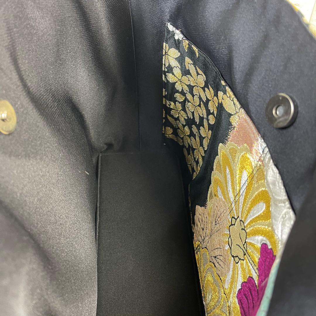 b帯リメイクバッグ 高級正絹✰︎都・もーる✰︎黒地に菊と桜 市松文様 唐織 振袖帯