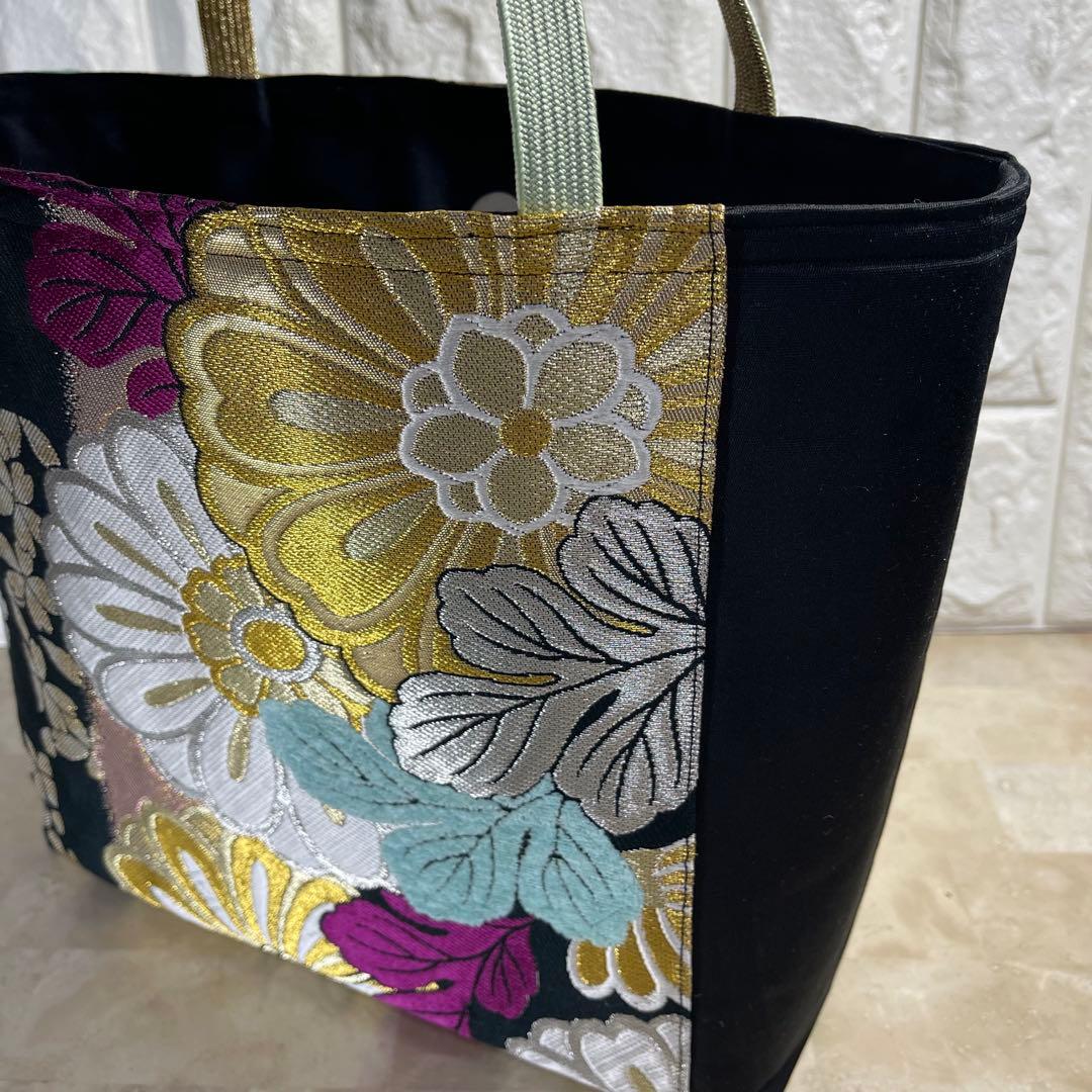 b帯リメイクバッグ 高級正絹✰︎都・もーる✰︎黒地に菊と桜 市松文様 唐織 振袖帯