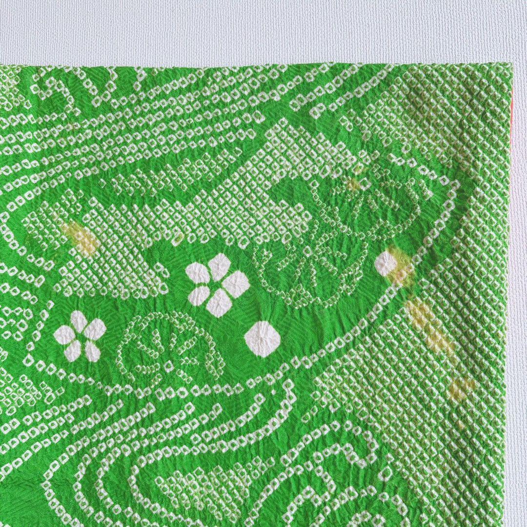 フルセット　七五三７歳女の子　上品　総絞り　緑　黒袋帯　菊　小物セット　7063