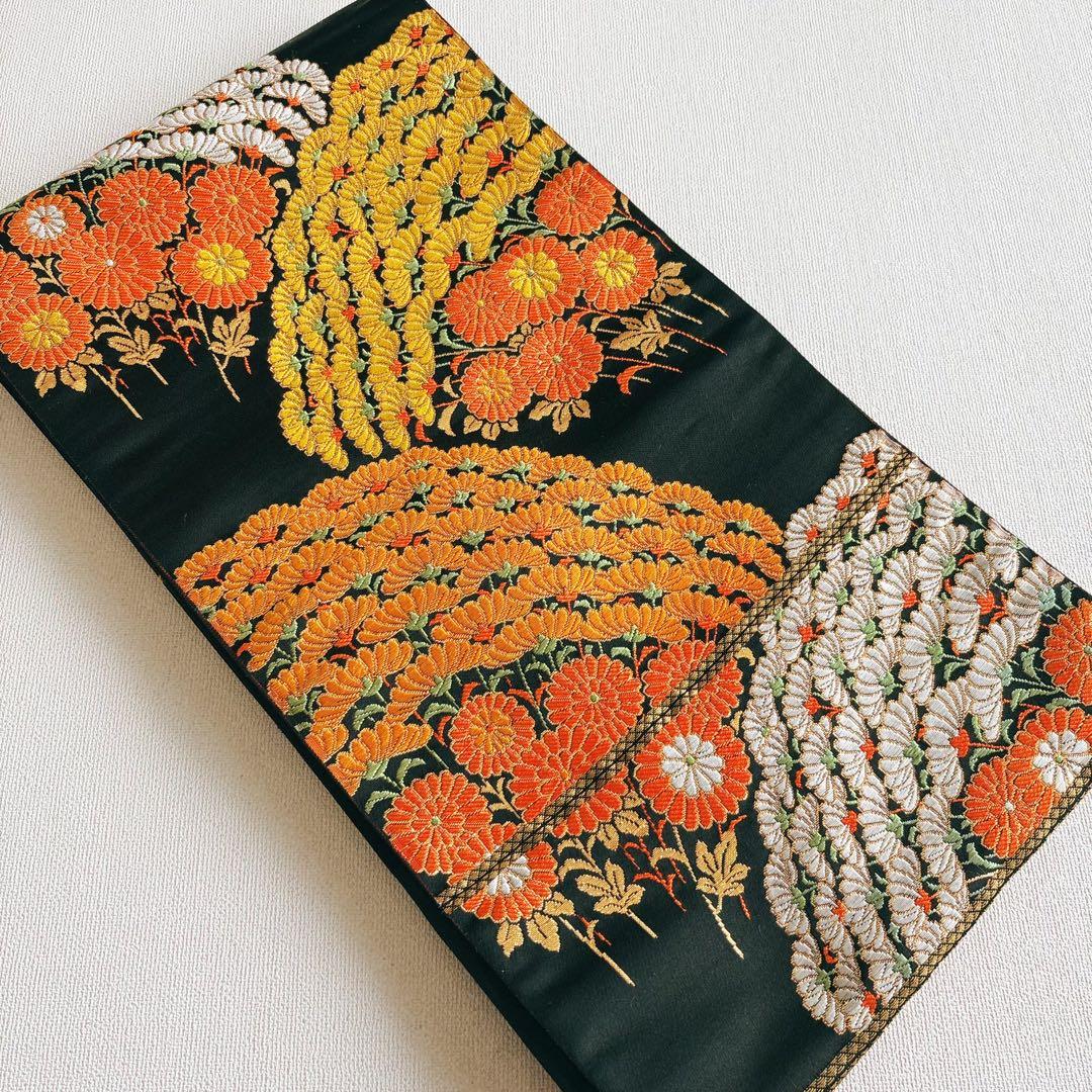 フルセット　七五三７歳女の子　上品　総絞り　緑　黒袋帯　菊　小物セット　7063