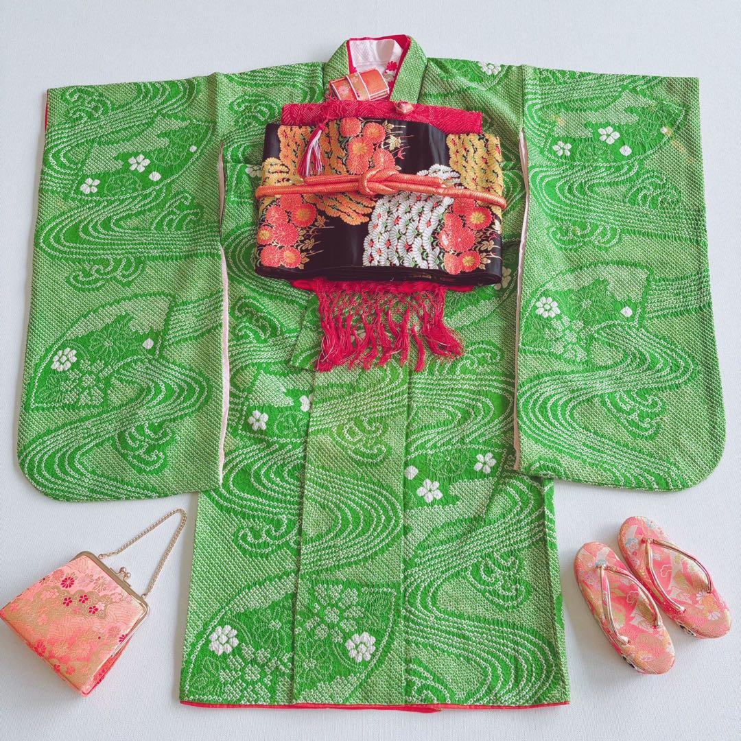 フルセット　七五三７歳女の子　上品　総絞り　緑　黒袋帯　菊　小物セット　7063