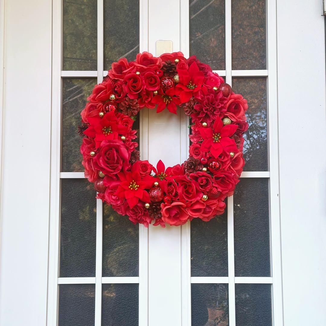 特大☆クリスマス☆ポインセチア・ダリアと赤いバラのフラワーリース☆
