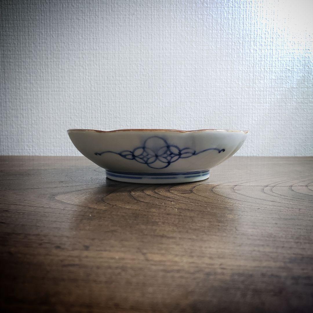 八花弁皿　染付　色絵付　取り皿　なます皿　岩　梅　菊　銘　明治　ハ号