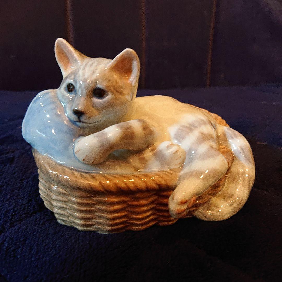 希少☆箱付ロイヤルコペンハーゲン、フィギュリンカゴに入った猫