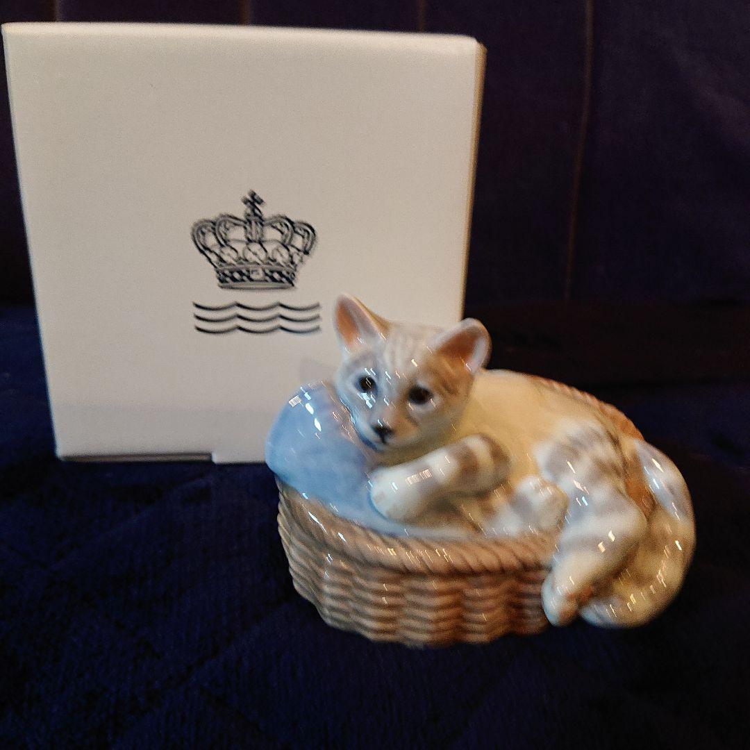 希少☆箱付ロイヤルコペンハーゲン、フィギュリンカゴに入った猫