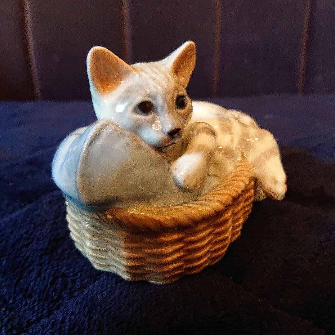 希少☆箱付ロイヤルコペンハーゲン、フィギュリンカゴに入った猫