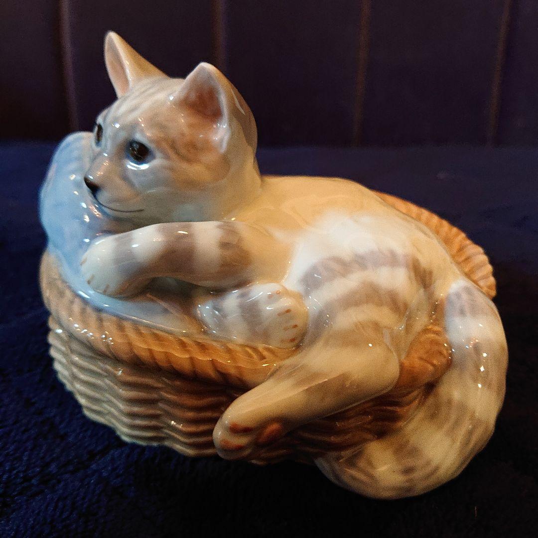 希少☆箱付ロイヤルコペンハーゲン、フィギュリンカゴに入った猫