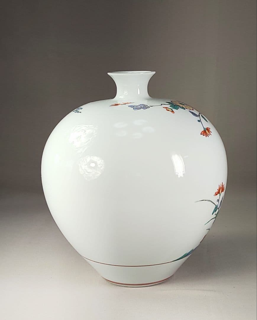 希少 重要無形文化財 中村清六作 有田焼 高麗庵清六窯 白磁錦絵 花鳥紋花瓶