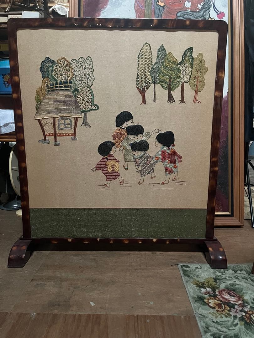 衝立 刺繍 裏側破れあり 昭和レトロ 当時物 インテリア 目隠し 和室