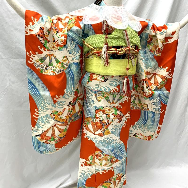 508ag72□七五三 七歳 女児 着物&袋帯&長襦袢 荒波 源氏車□状態良好
