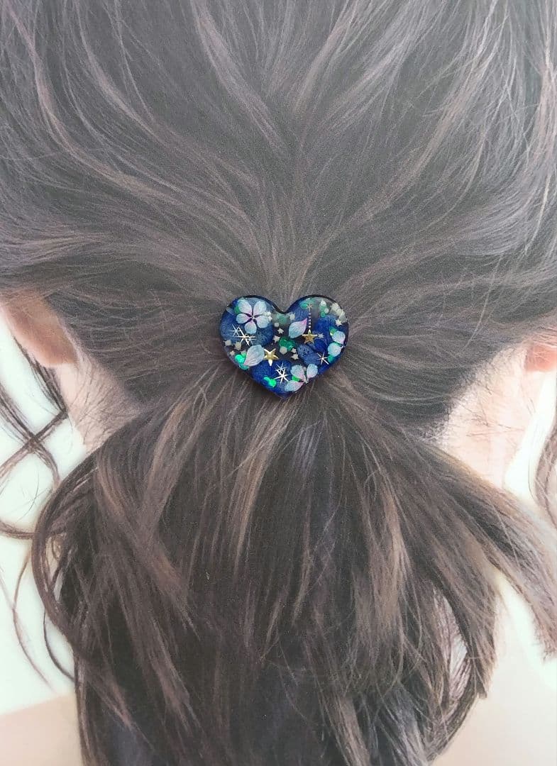 新作 あじさい入り ダークブルー ハートヘアゴム