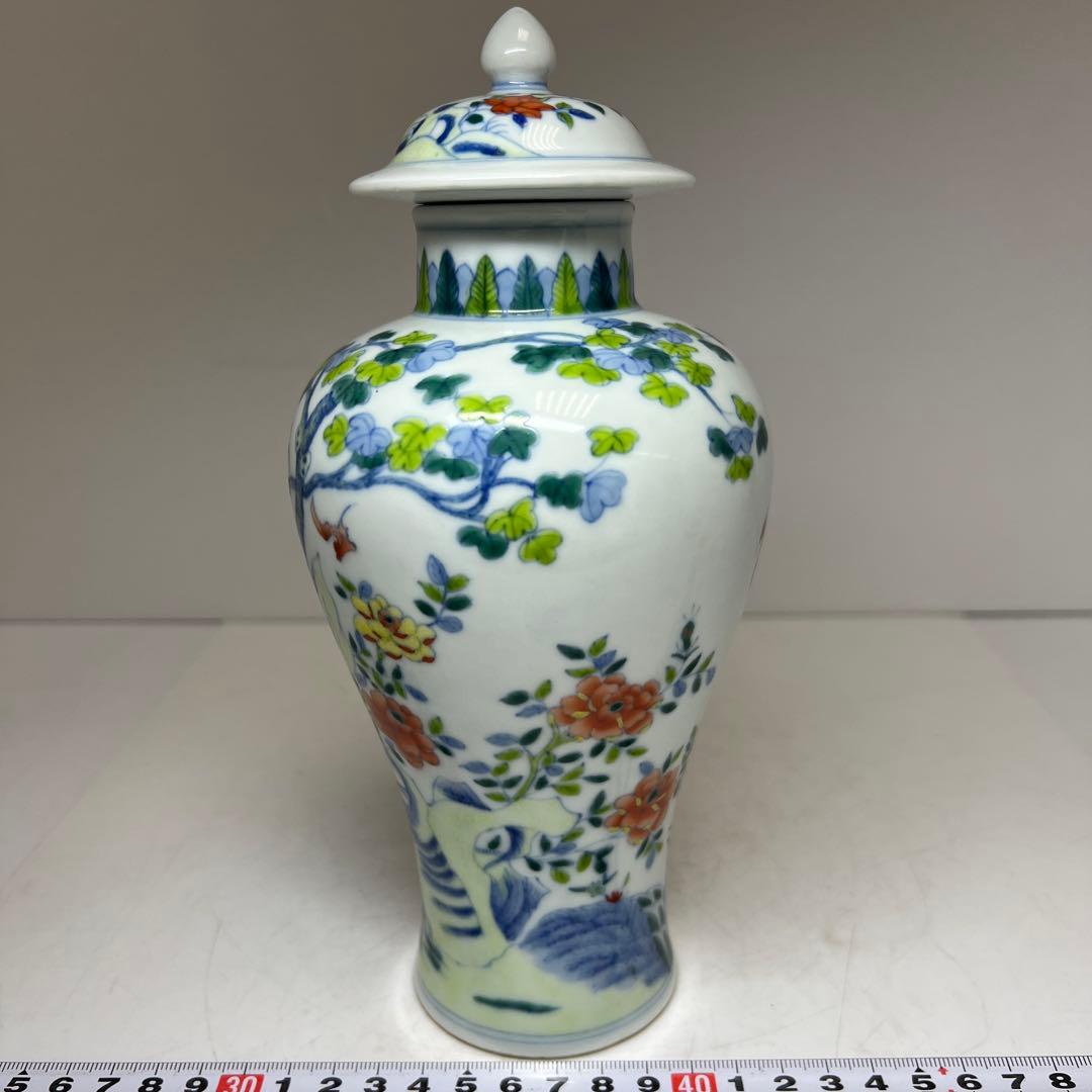 中国美術　大明成化年製　粉彩蓋付花瓶　木箱付　高さ約23㎝　東Y8-0303①