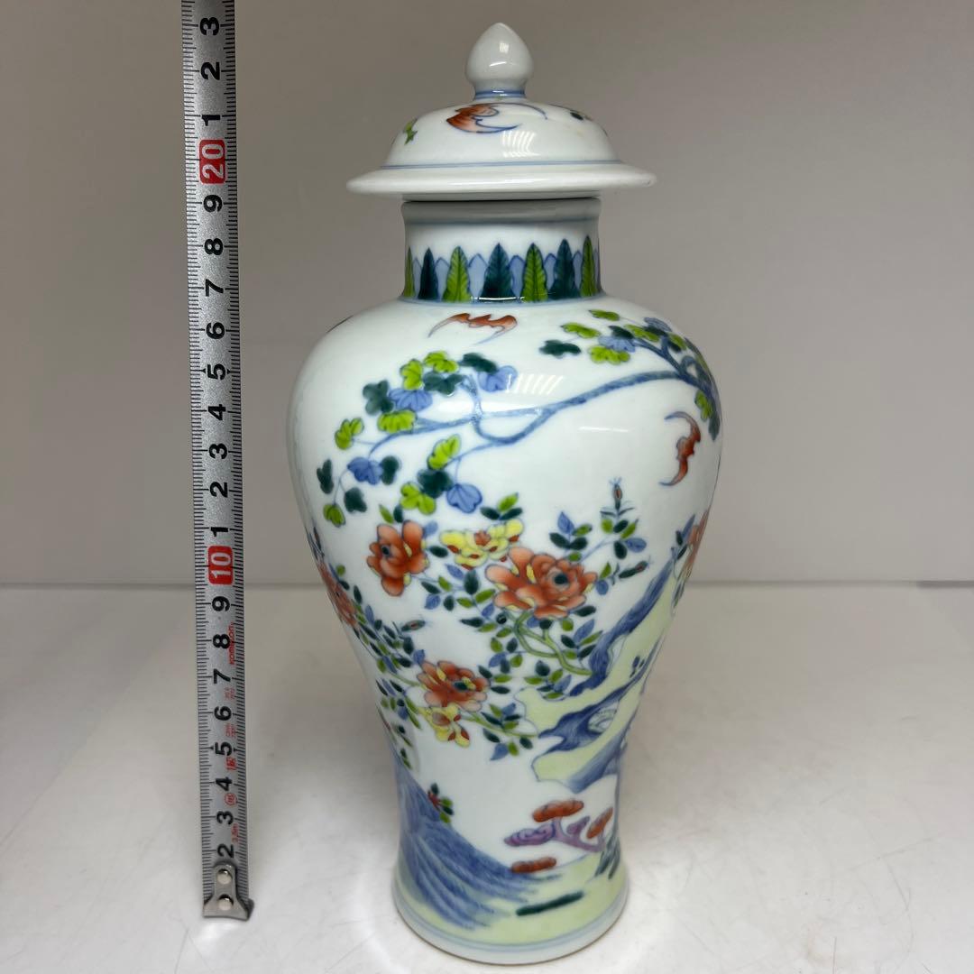 中国美術　大明成化年製　粉彩蓋付花瓶　木箱付　高さ約23㎝　東Y8-0303①