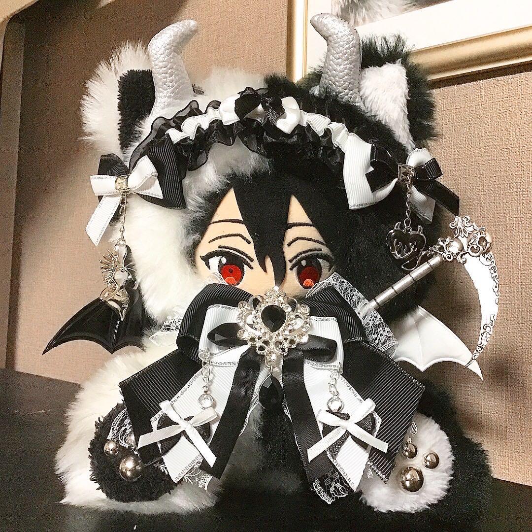 【117】ねこ デビル 黒＆白 おすわり　ぬい服　16cm 着ぐるみ