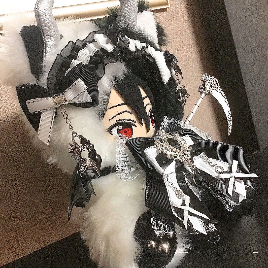 【117】ねこ デビル 黒＆白 おすわり　ぬい服　16cm 着ぐるみ