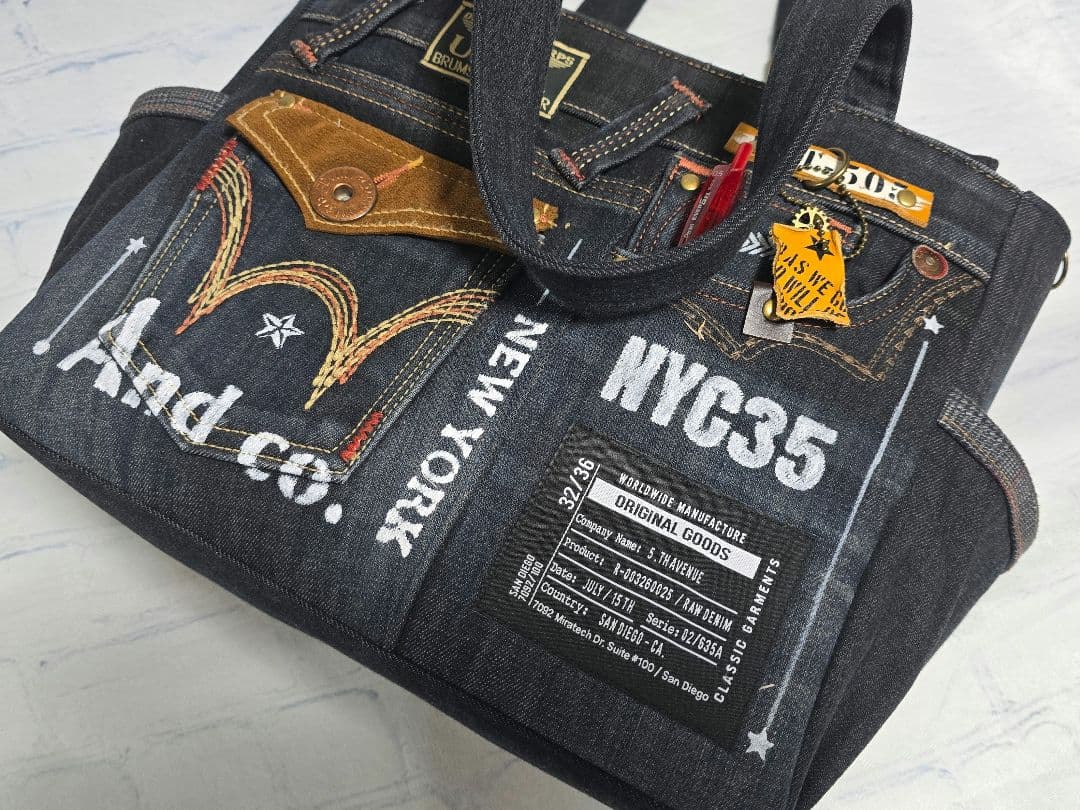 デニムリメイク バッグ 大きめ 上部ファスナー