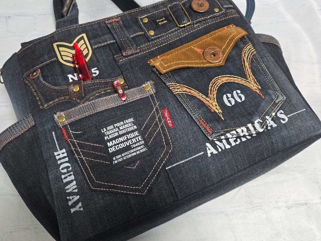 デニムリメイク バッグ 大きめ 上部ファスナー