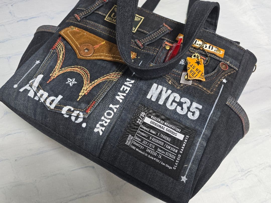 デニムリメイク バッグ 大きめ 上部ファスナー