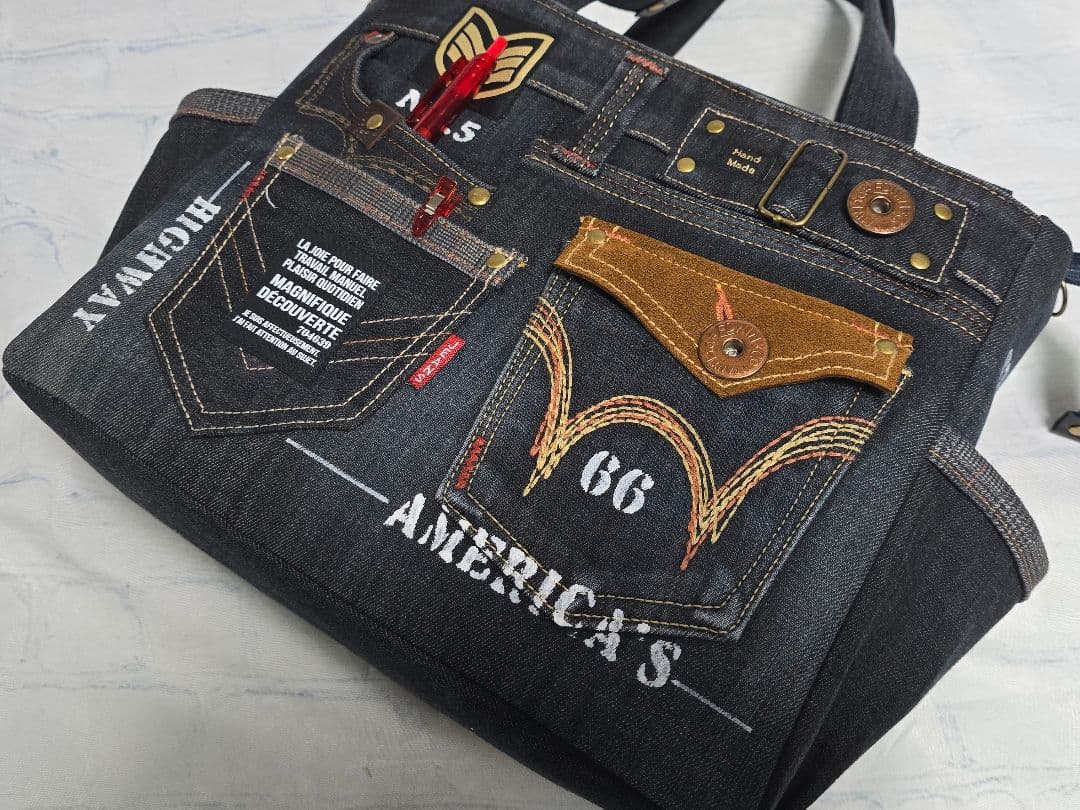 デニムリメイク バッグ 大きめ 上部ファスナー