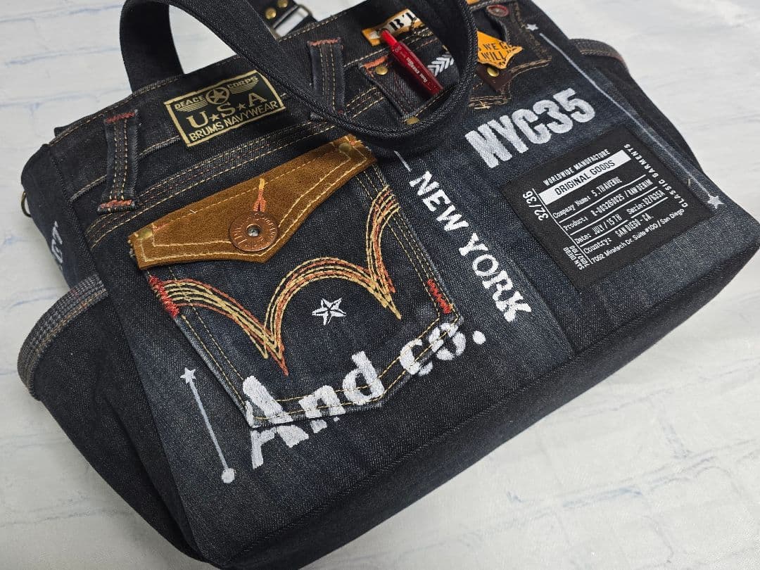 デニムリメイク バッグ 大きめ 上部ファスナー