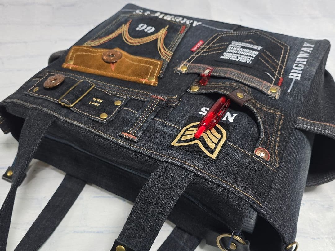 デニムリメイク バッグ 大きめ 上部ファスナー