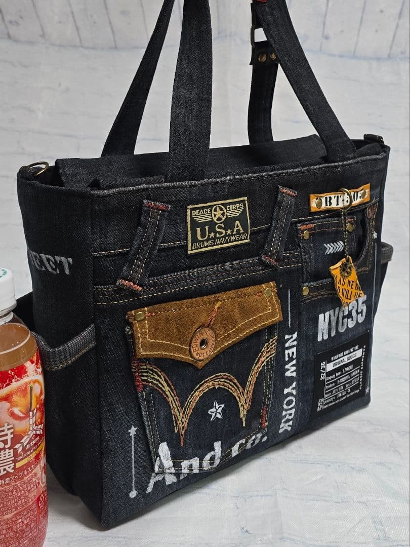 デニムリメイク バッグ 大きめ 上部ファスナー