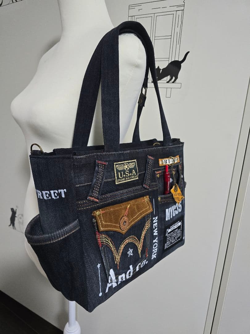 デニムリメイク バッグ 大きめ 上部ファスナー