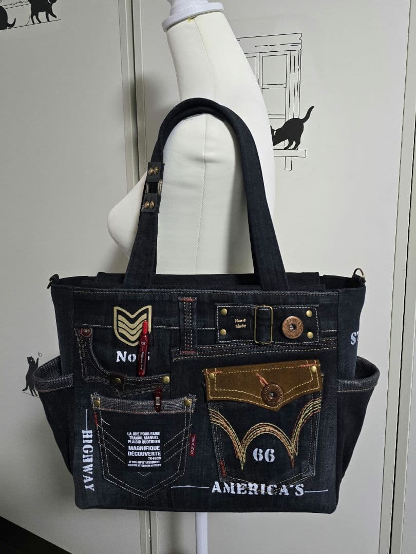 デニムリメイク バッグ 大きめ 上部ファスナー