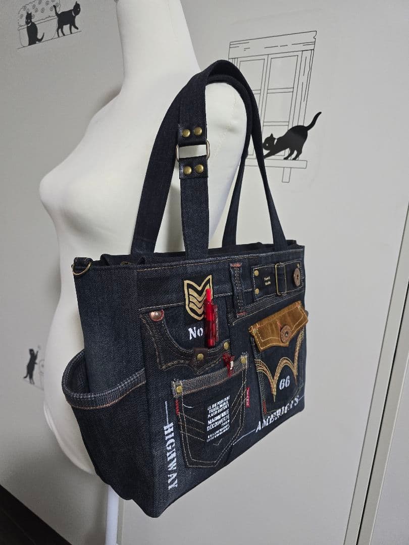デニムリメイク バッグ 大きめ 上部ファスナー