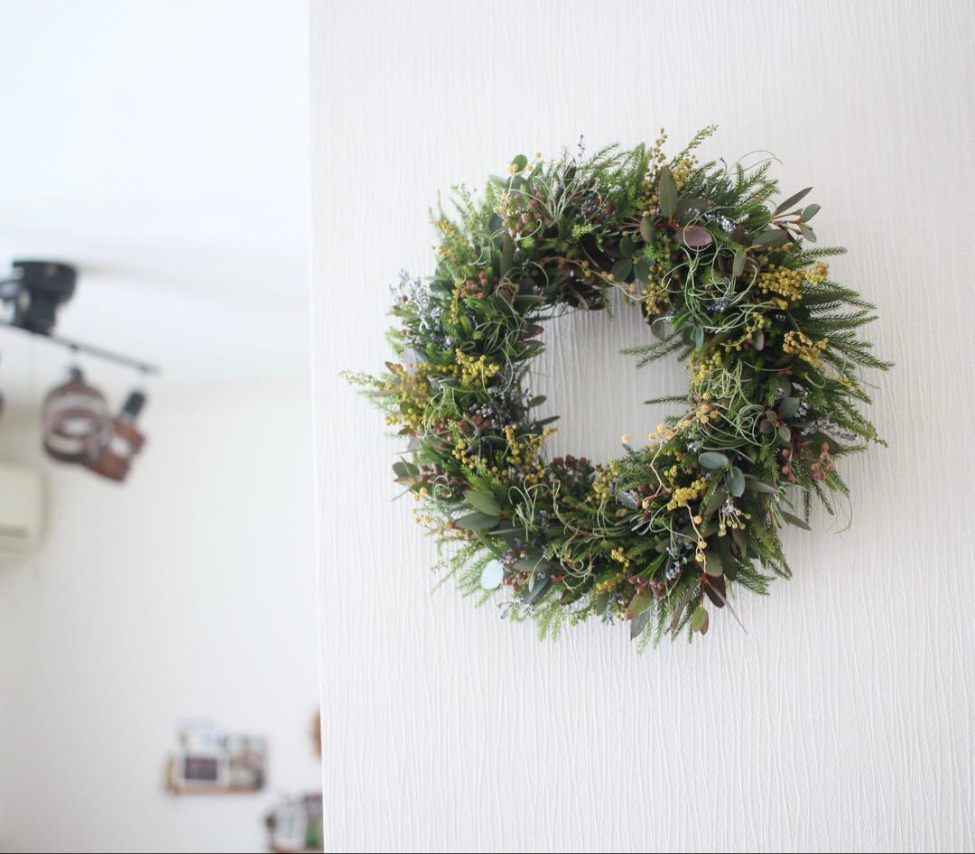 春の野原のグリーンリース＊ドライフラワーwreathe◎22センチ