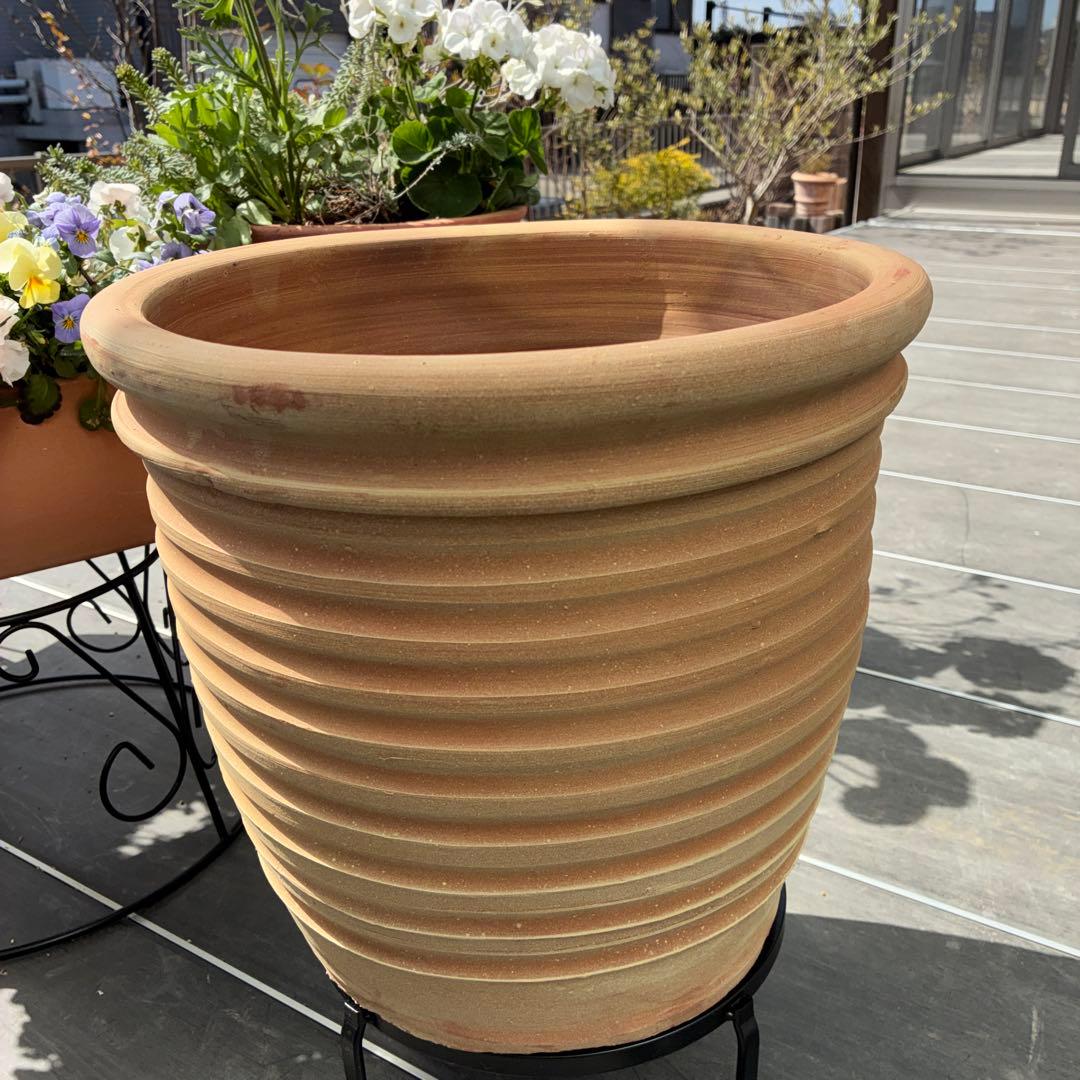 テラコッタ製ストライプ 大型植木鉢