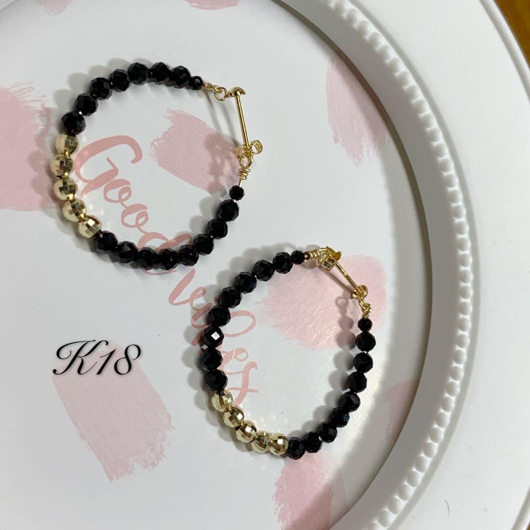 K18 18金 イエローゴールド オニキス　ミラーボールピアス