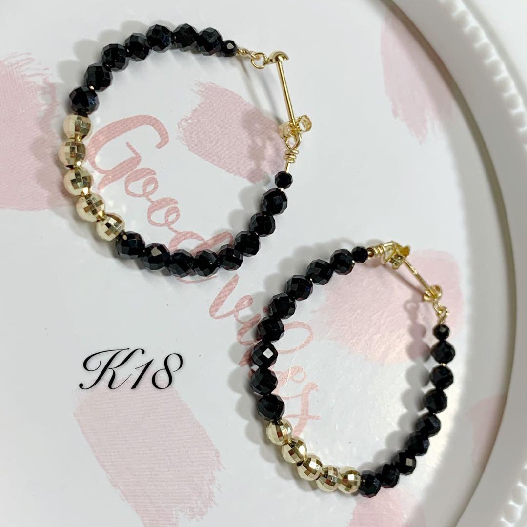 K18 18金 イエローゴールド オニキス　ミラーボールピアス