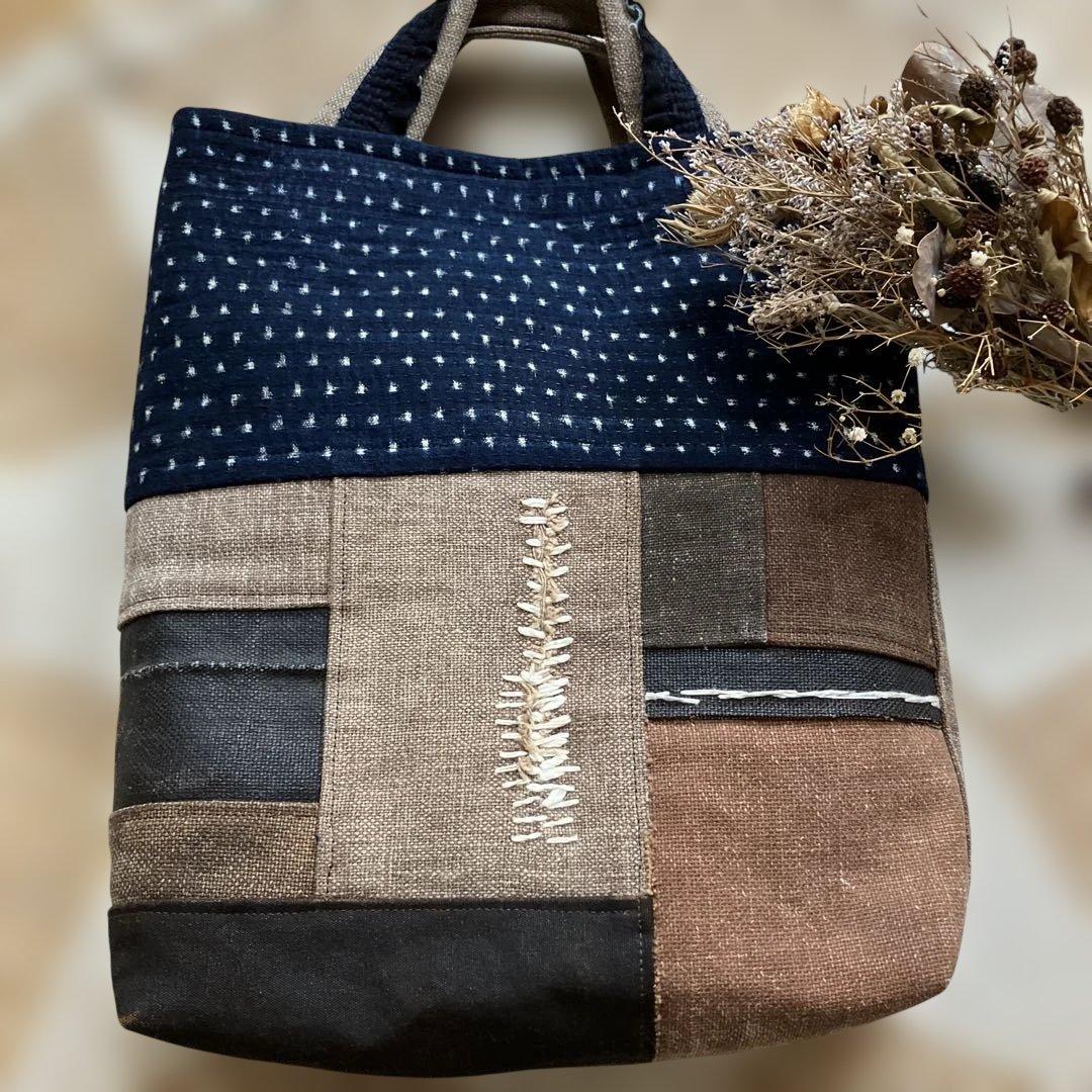 柿渋染め古布酒袋藍染め雪ん子刺し子リメイク手作り