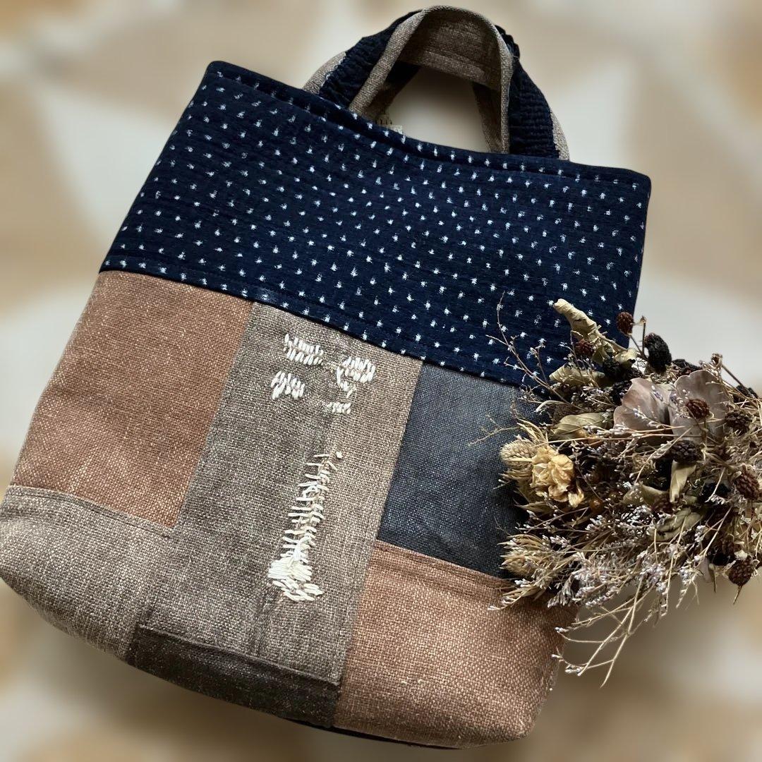 柿渋染め古布酒袋藍染め雪ん子刺し子リメイク手作り