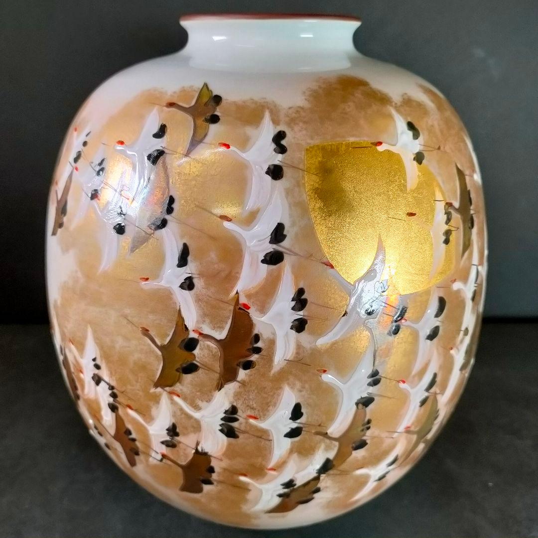 C6-4/九谷焼/光崖二代 高明作/金彩色絵鳥図花瓶/花瓶/花入/飾物