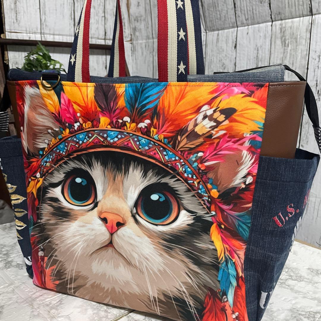 No.544 デニムリメイクバッグ　肩掛けトートバッグ　キャットインディアン