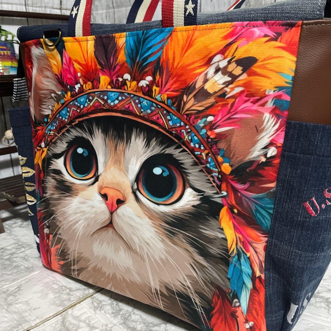 No.544 デニムリメイクバッグ　肩掛けトートバッグ　キャットインディアン