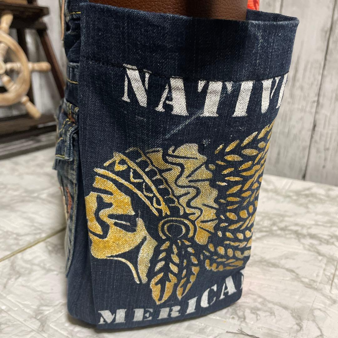No.544 デニムリメイクバッグ　肩掛けトートバッグ　キャットインディアン