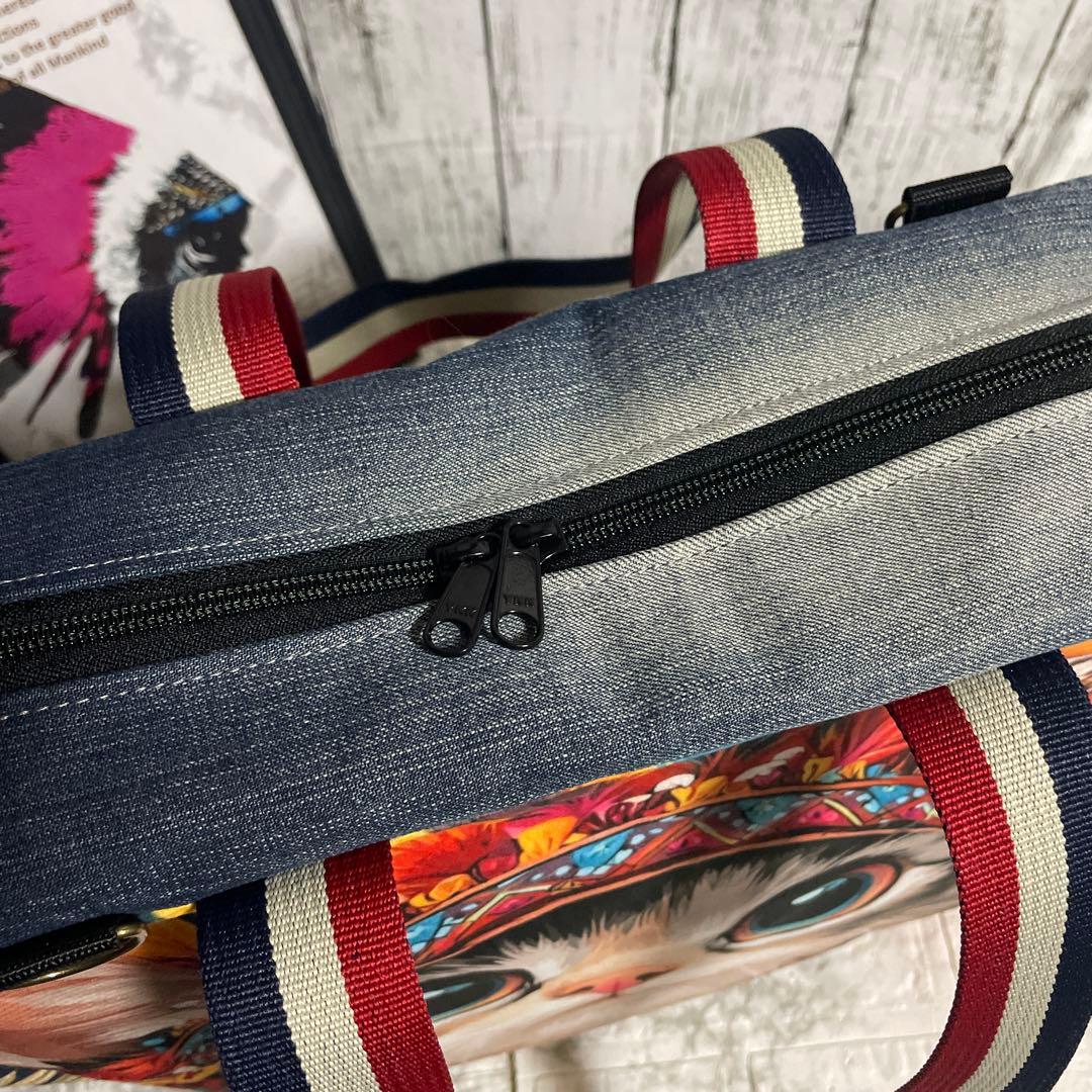 No.544 デニムリメイクバッグ　肩掛けトートバッグ　キャットインディアン